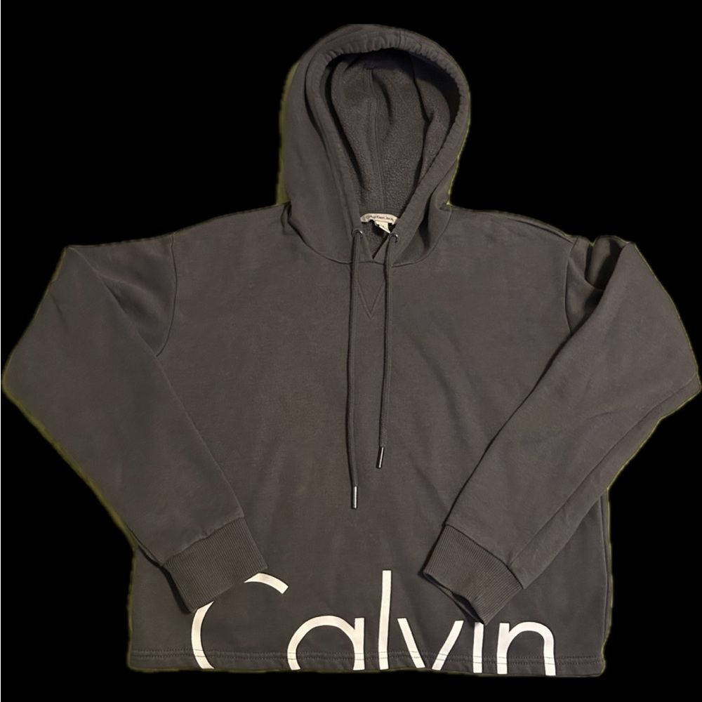 Calvin Klein Logo Monogram Gray Cropped Hoodie Activewear Athleisure